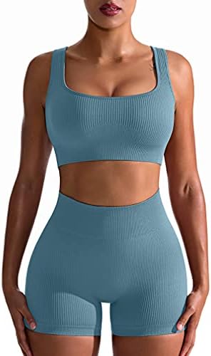 OQQ Workout Outfits for Women 2 Piece Seamless Ribbed High Waist Leggings  with Sports Bra Exercise Set… 
